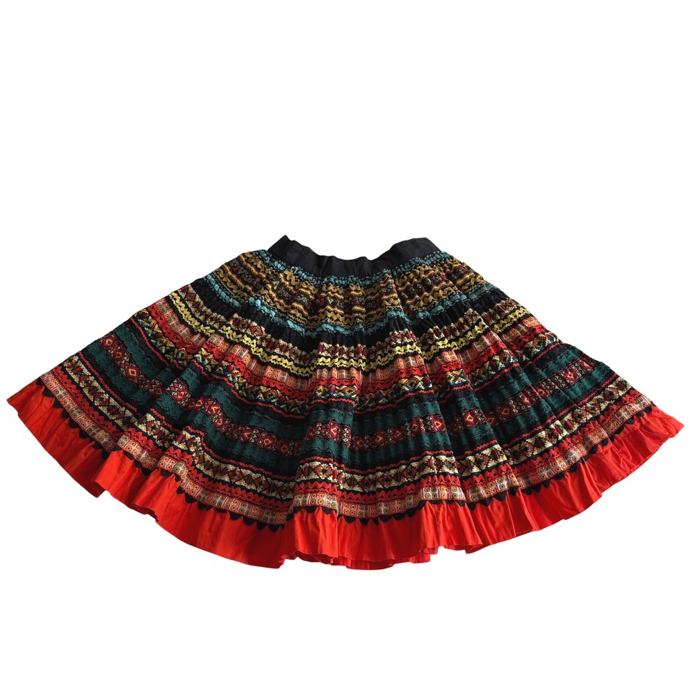 VTG Ribbon Ric Rac Flounce Colorful Red Black Rainbow Handmade Fiesta‎ Skirt S